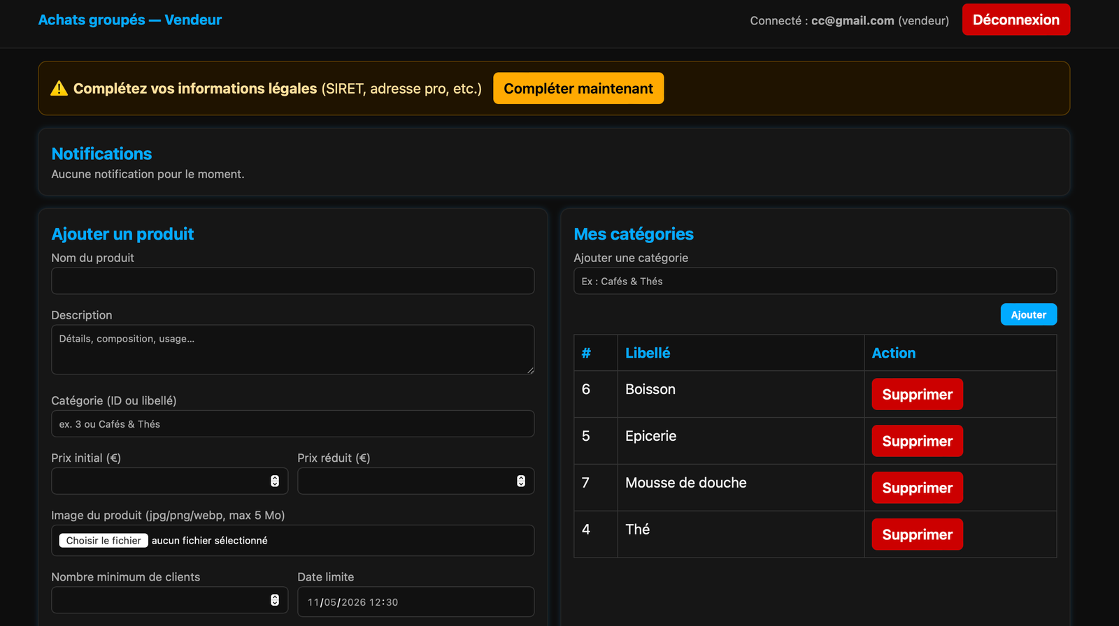 Vendeur dashboard